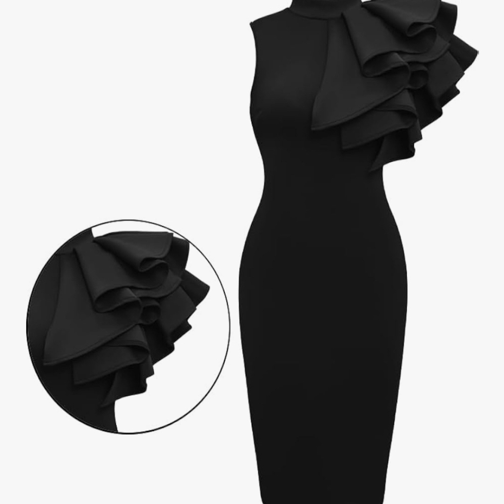 One-Shoulder Ruffle Sheath Black Dress